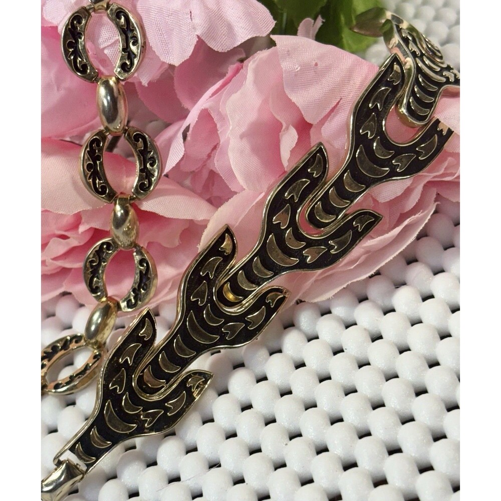 Vintage Gold Tone, Black Enamel Inlay Chunky Link Choker And Bracelet